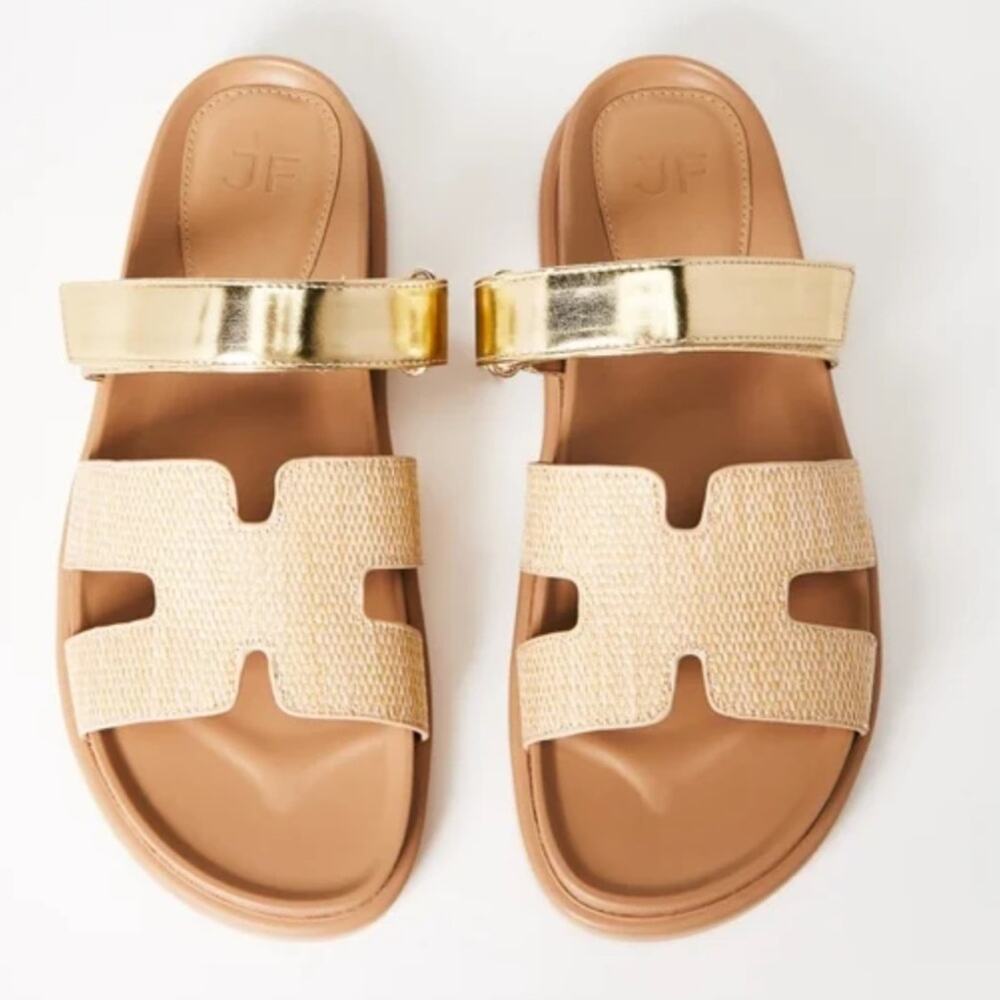New JUSTFAB Harlee Flat Slide Sandal Women's SIZE 9 Gold/Natural